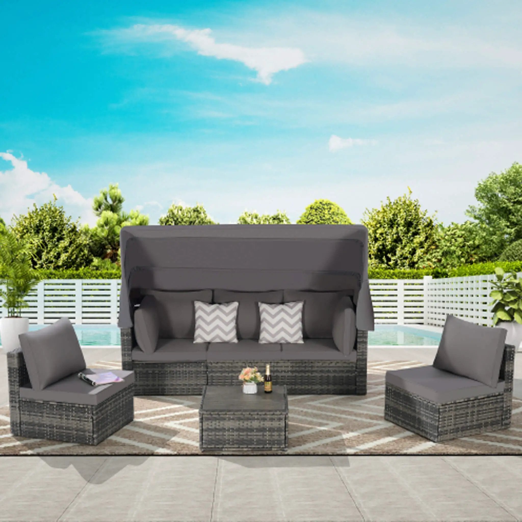 Alora 5-Piece Outdoor Patio Wicker Daybed Furniture Set With Retractable Canopy (SAK37816) by SAKSBY WHOLESALE