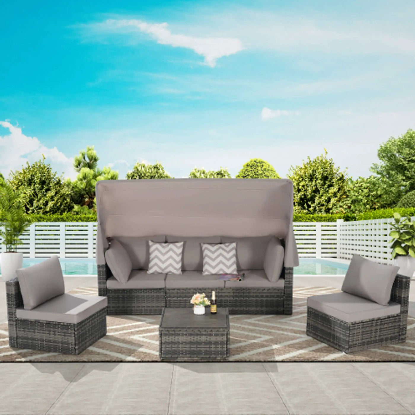 5-Piece Outdoor Patio Wicker Daybed Furniture Set With Retractable Canopy (SAK37816) by SAKSBY WHOLESALE