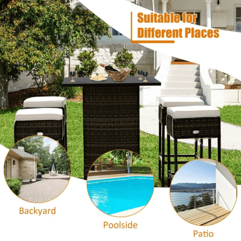 Alora 5-Piece Patio Rattan Bar Table Stool Set With Hidden Storage Shelf & Cushions (SAK14645) by SAKSBY WHOLESALE