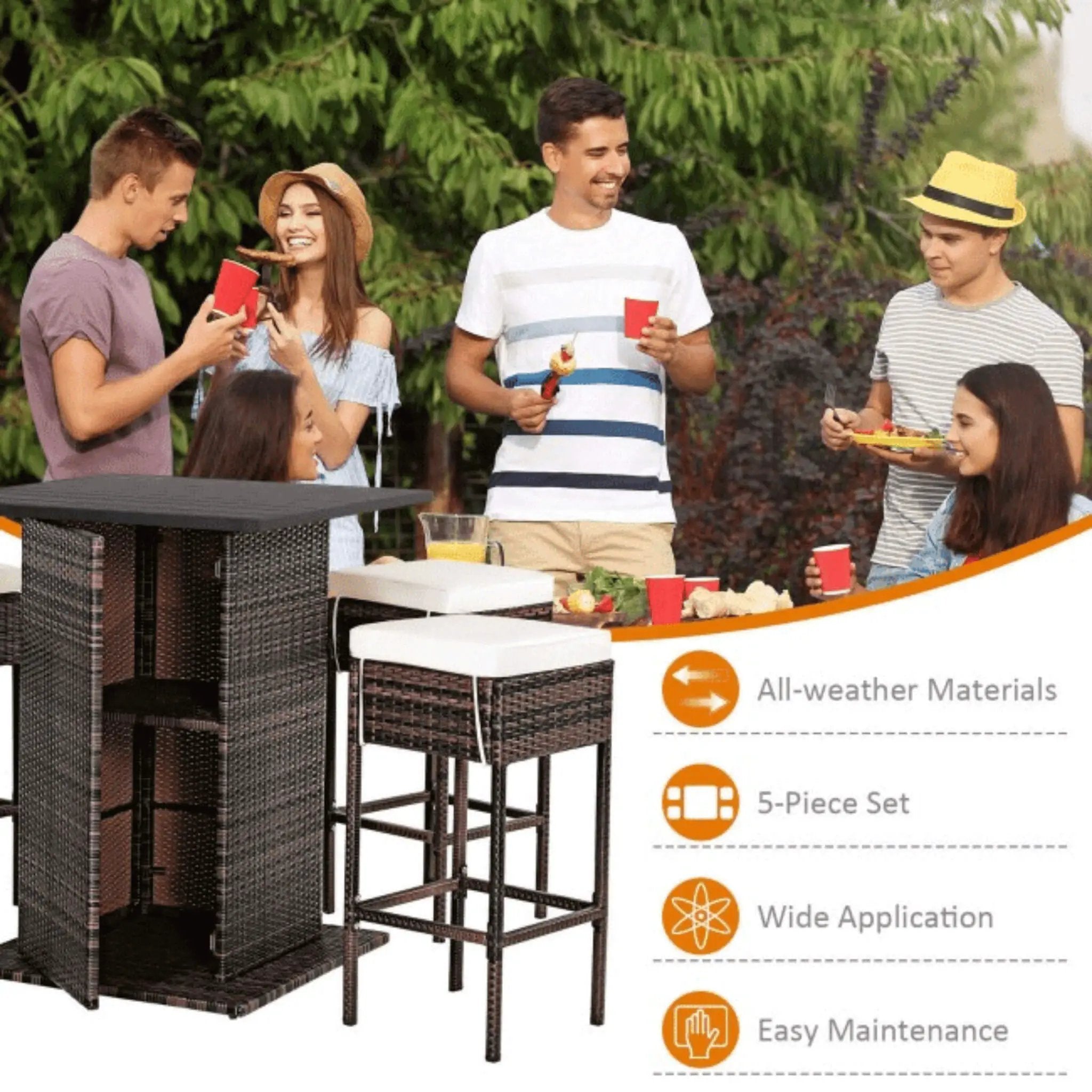 Alora 5-Piece Patio Rattan Bar Table Stool Set With Hidden Storage Shelf & Cushions (SAK14645) by SAKSBY WHOLESALE