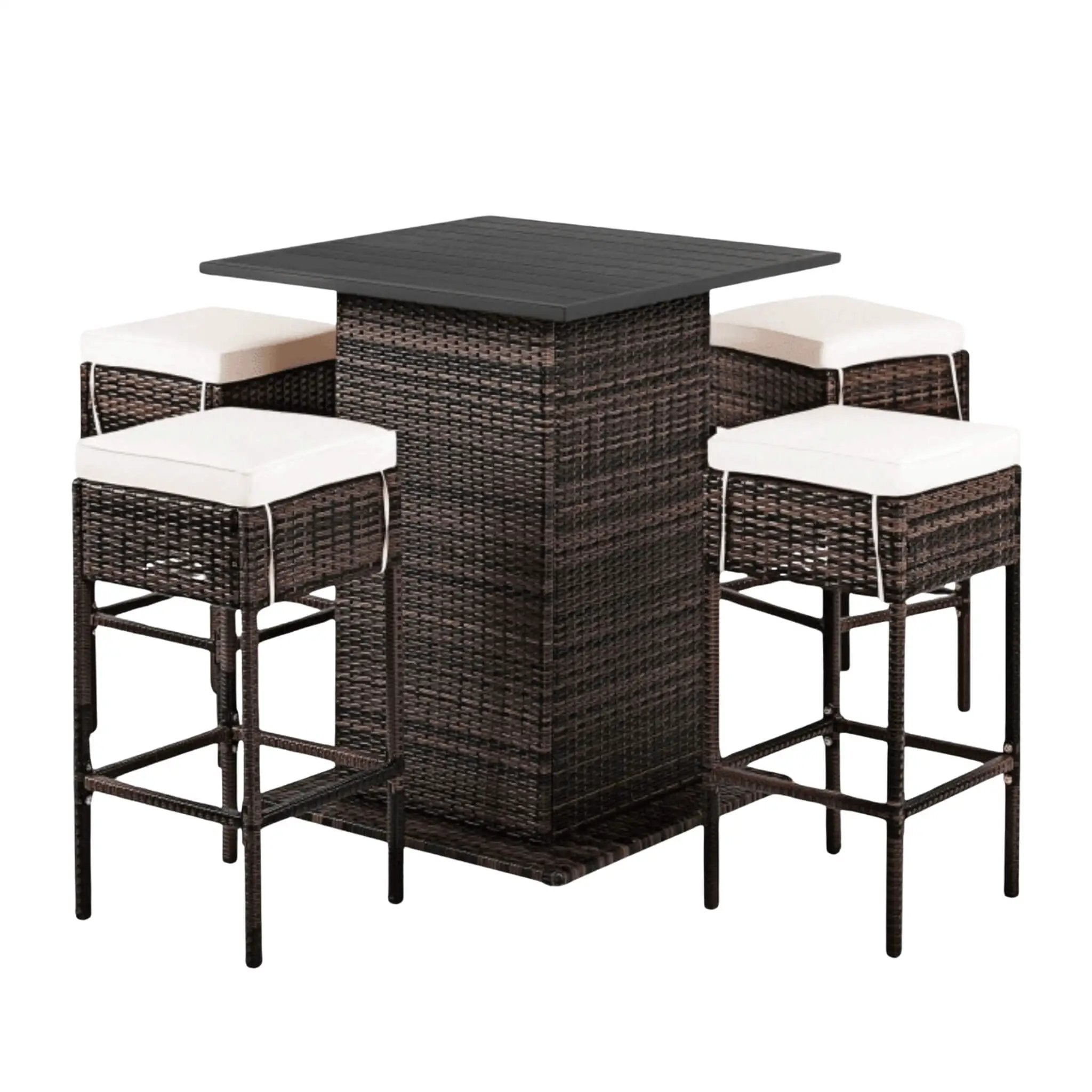 Alora 5-Piece Patio Rattan Bar Table Stool Set With Hidden Storage Shelf & Cushions (SAK14645) by SAKSBY WHOLESALE
