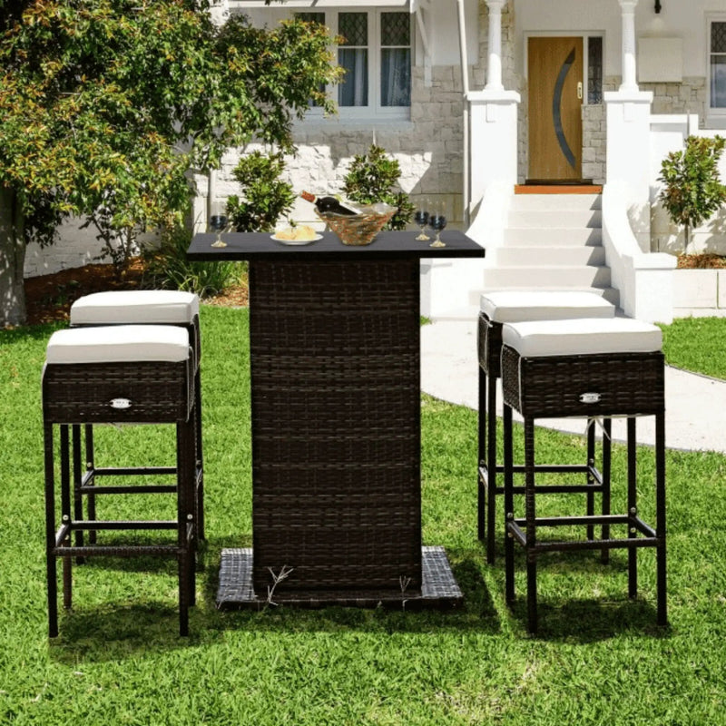 Alora 5-Piece Patio Rattan Bar Table Stool Set With Hidden Storage Shelf & Cushions (SAK14645) by SAKSBY WHOLESALE