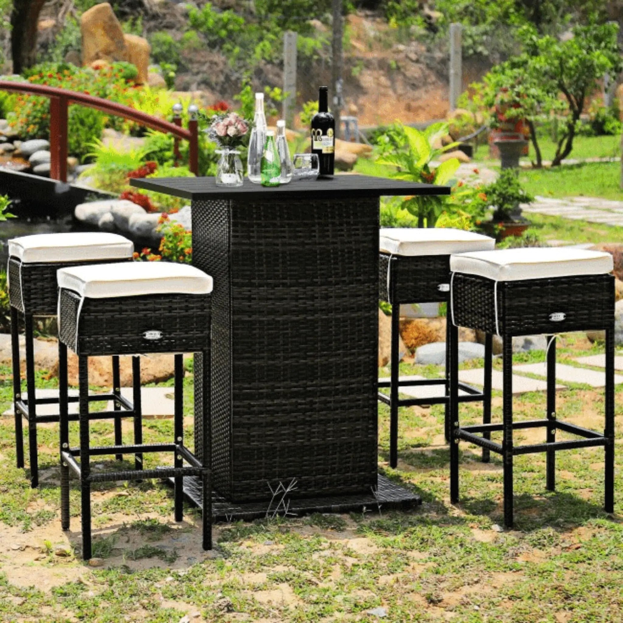 Alora 5-Piece Patio Rattan Bar Table Stool Set With Hidden Storage Shelf & Cushions (SAK14645) by SAKSBY WHOLESALE