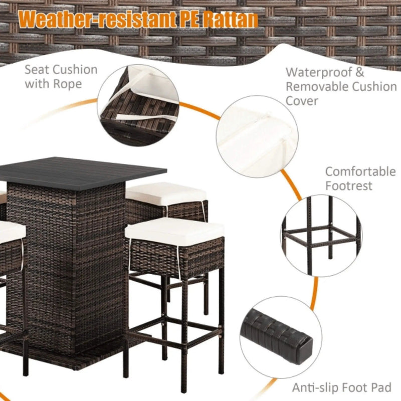 Alora 5-Piece Patio Rattan Bar Table Stool Set With Hidden Storage Shelf & Cushions (SAK14645) by SAKSBY WHOLESALE