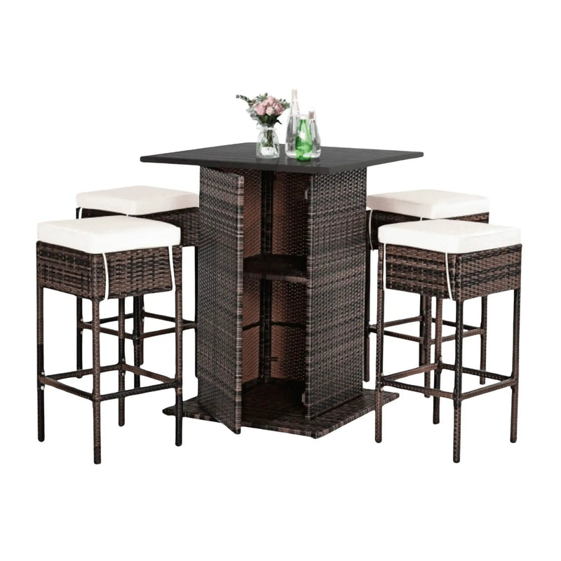Alora 5-Piece Patio Rattan Bar Table Stool Set With Hidden Storage Shelf & Cushions (SAK14645) by SAKSBY WHOLESALE