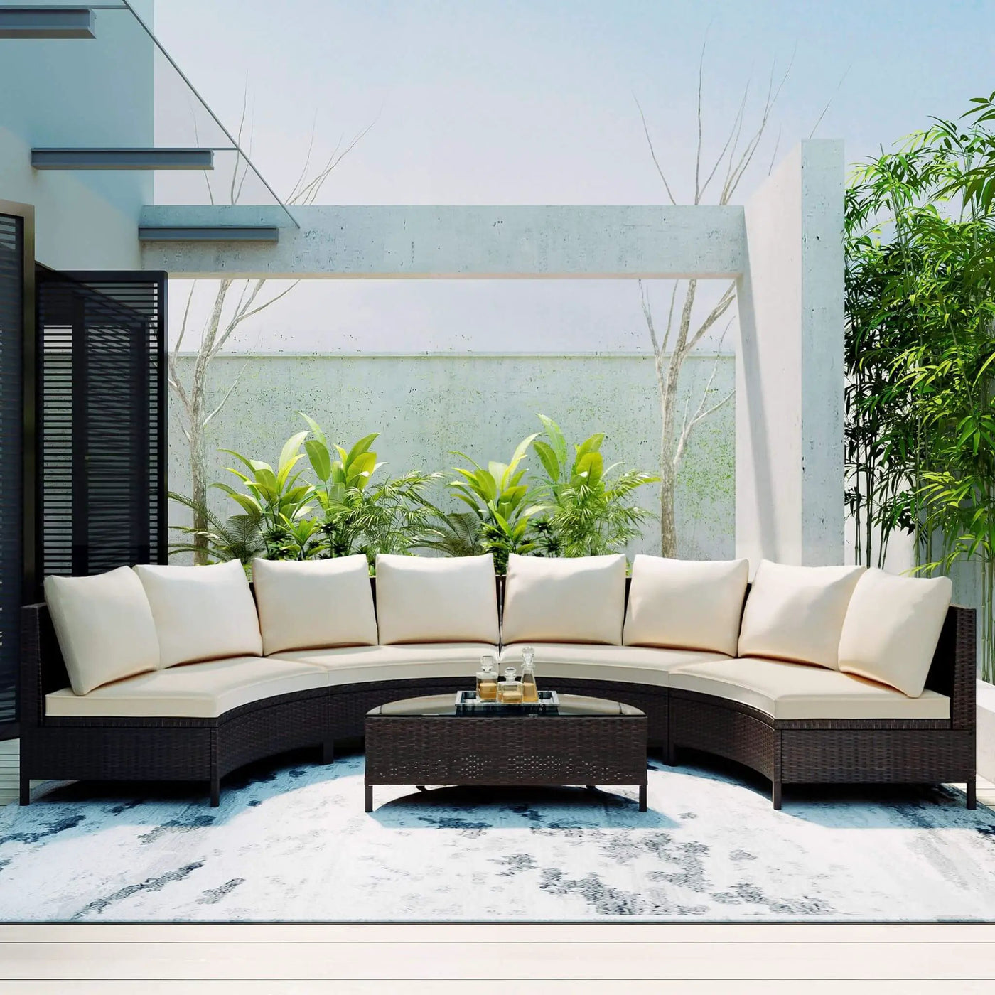 Alora Premium 5-Piece All-Weather Half-Moon Outdoor Rattan Wicker Patio Sectional Sofa Furniture Set With Tempered Glass Table (SAK32615) by SAKSBY WHOLESALE