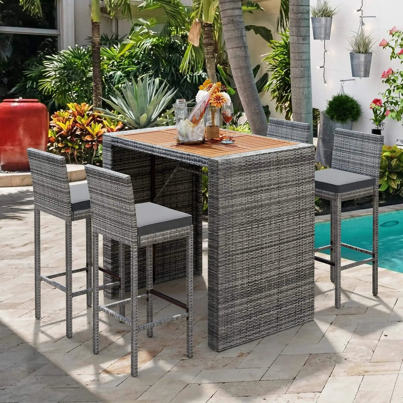 Alora 5-Piece Wicker Patio Bar Set With Cushions & Acacia Table (SAK26801) by SAKSBY WHOLESALE