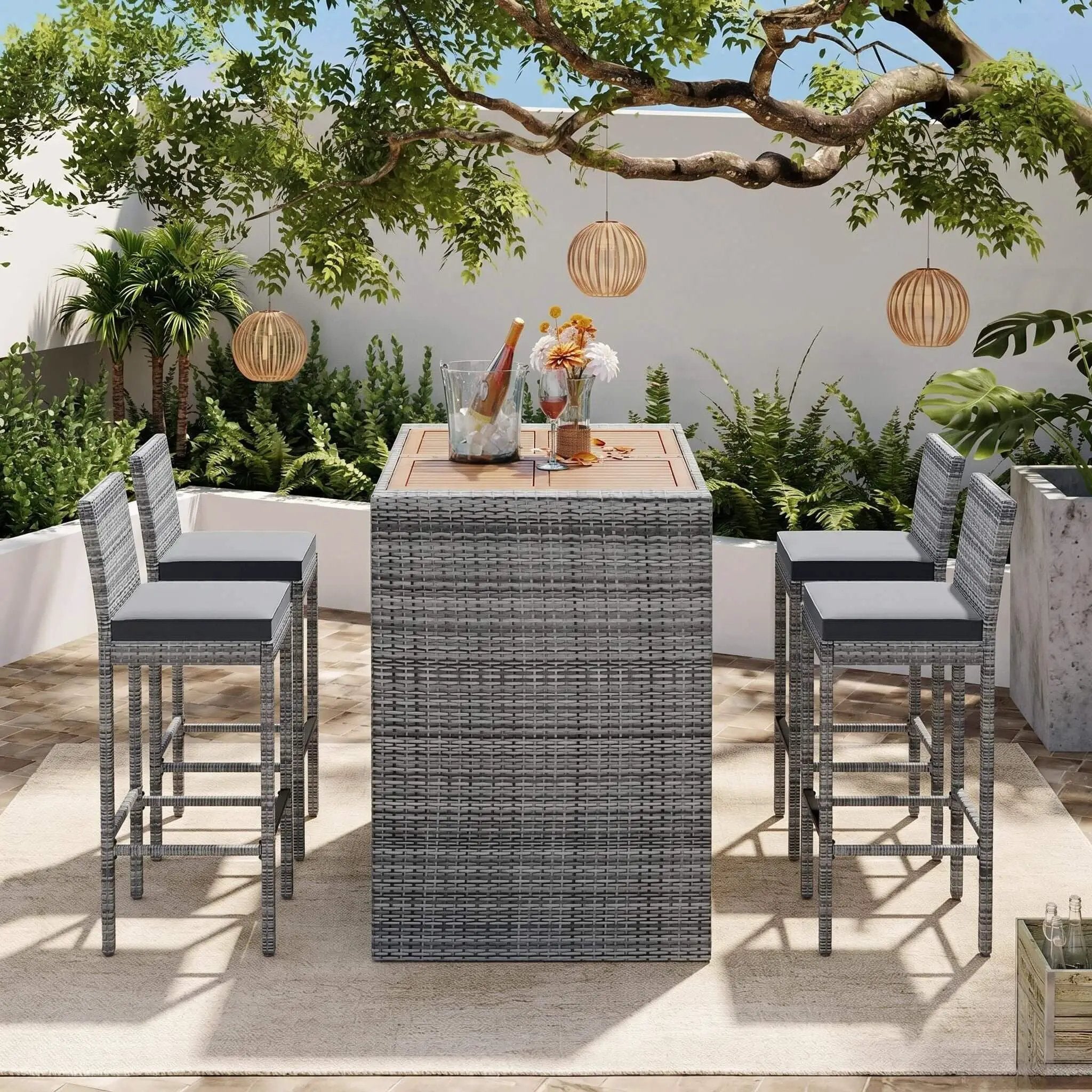 Alora 5-Piece Wicker Patio Bar Set With Cushions & Acacia Table (SAK26801) by SAKSBY WHOLESALE
