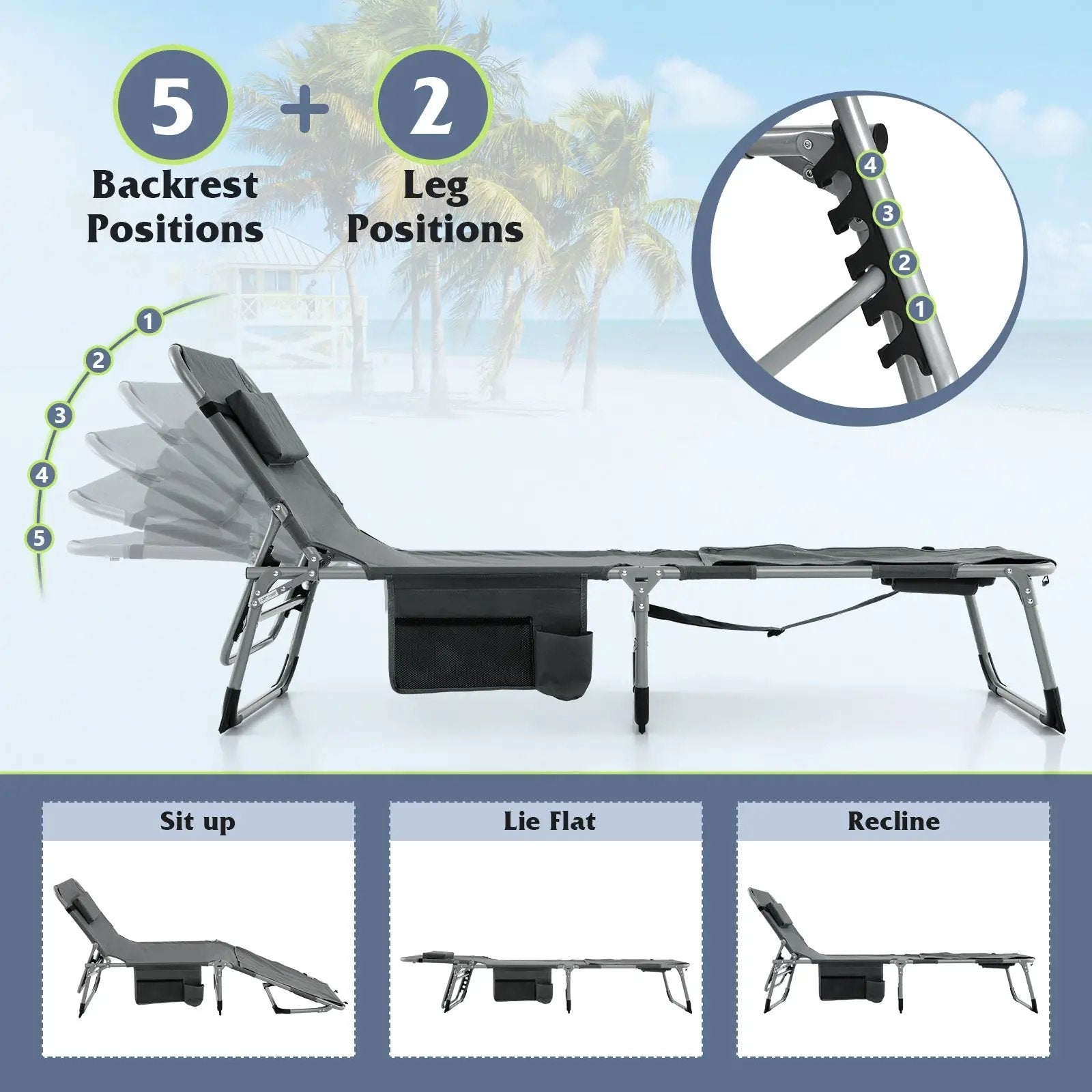 5-position Outdoor Folding Chaise Lounge Chair-Gray by DirectDeals