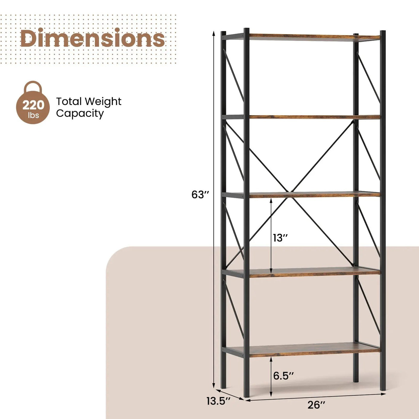 5-Tier Bookshelf with Open Shelves and Heavy Duty Metal Frame by DirectDeals