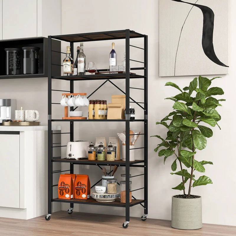 5-Tier Foldable Shelving Unit with Detachable Wheels and Anti-Toppling System-Black by DirectDeals