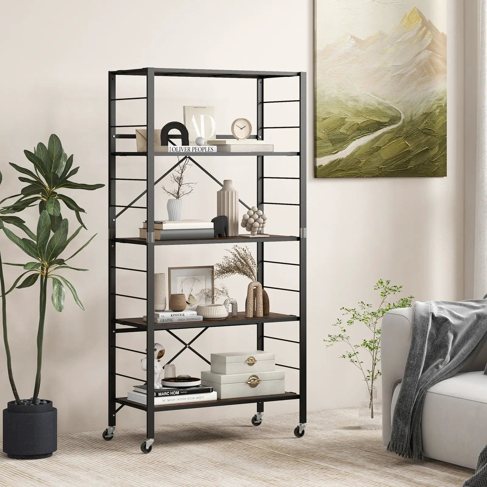 5-Tier Foldable Shelving Unit with Detachable Wheels and Anti-Toppling System-Black by DirectDeals