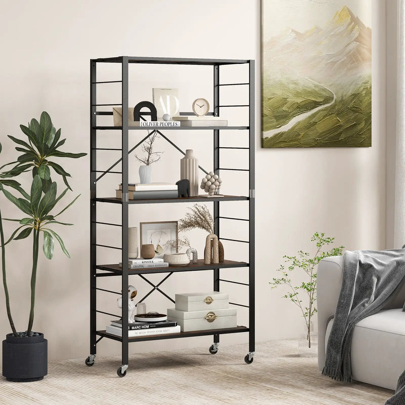 5-Tier Foldable Shelving Unit with Detachable Wheels and Anti-Toppling System-Black by DirectDeals