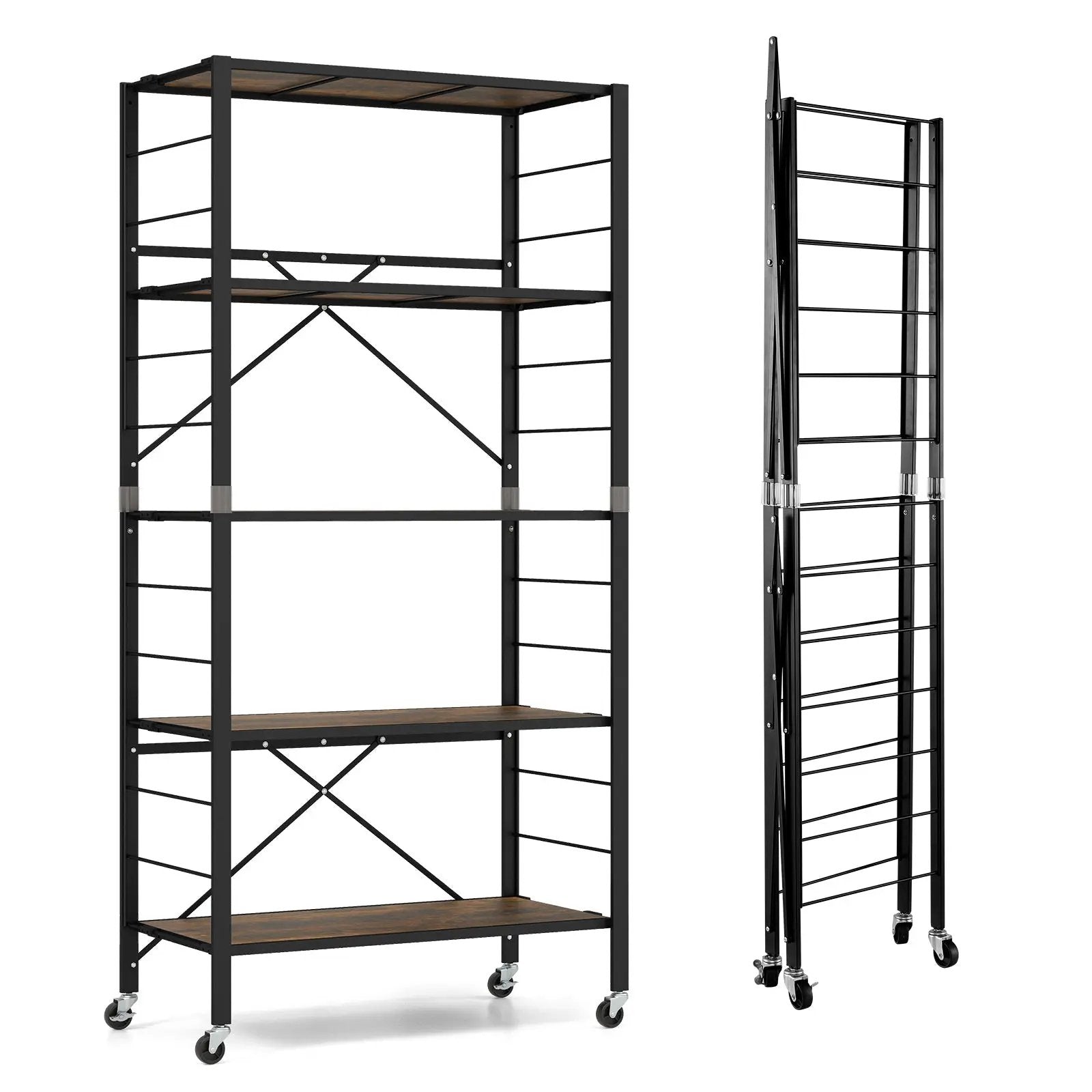 5-Tier Foldable Shelving Unit with Detachable Wheels and Anti-Toppling System-Black by DirectDeals