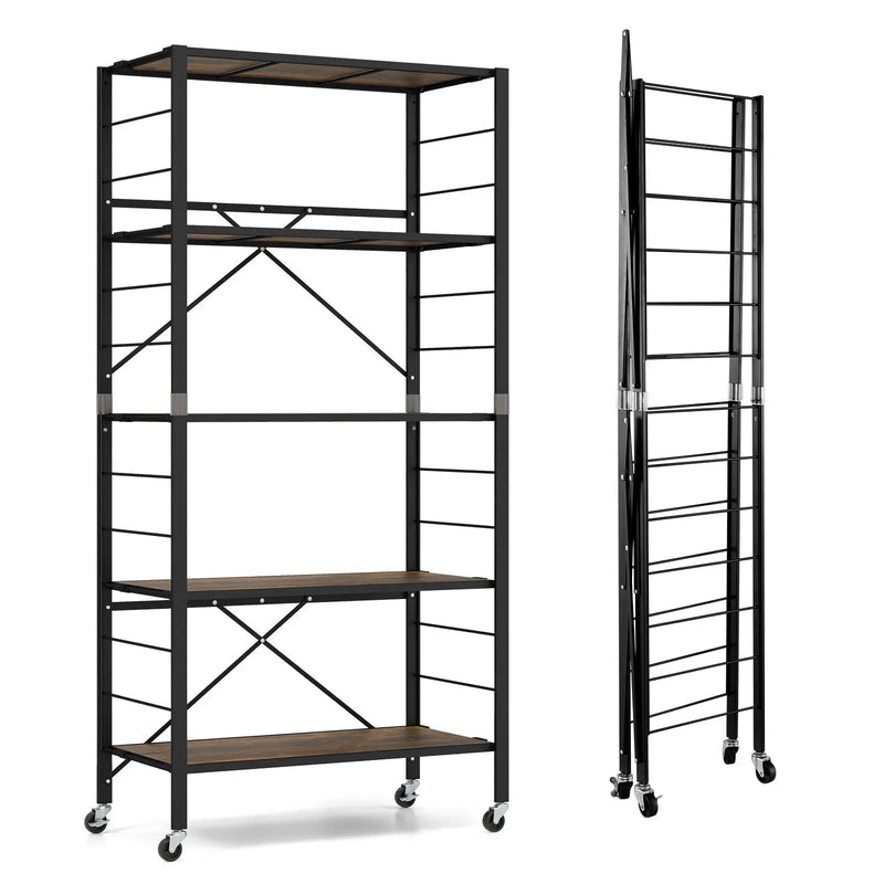 5-Tier Foldable Shelving Unit with Detachable Wheels and Anti-Toppling System-Black by DirectDeals