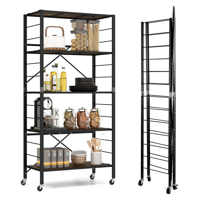 5-Tier Foldable Shelving Unit with Detachable Wheels and Anti-Toppling System-Black by DirectDeals