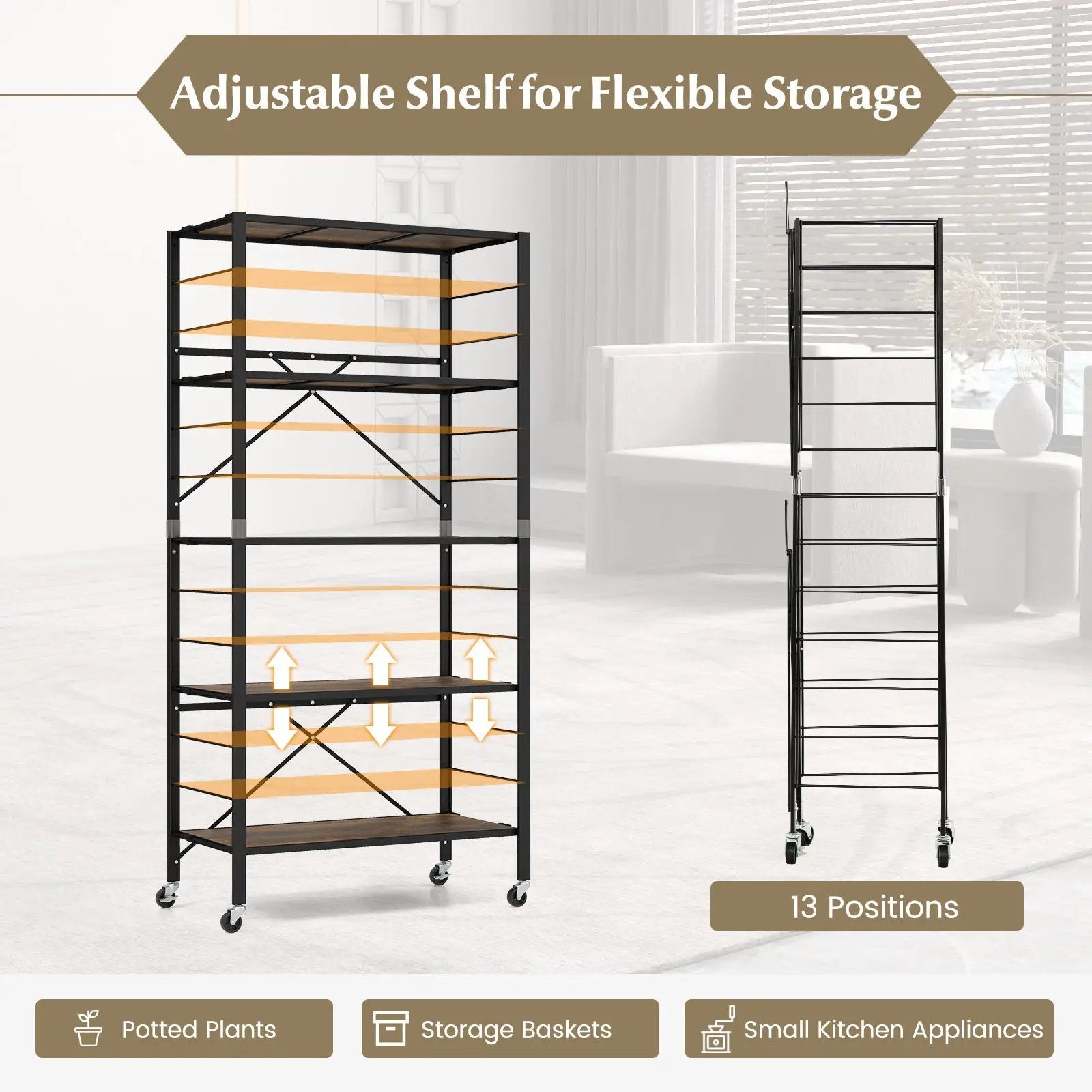 5-Tier Foldable Shelving Unit with Detachable Wheels and Anti-Toppling System-Black by DirectDeals