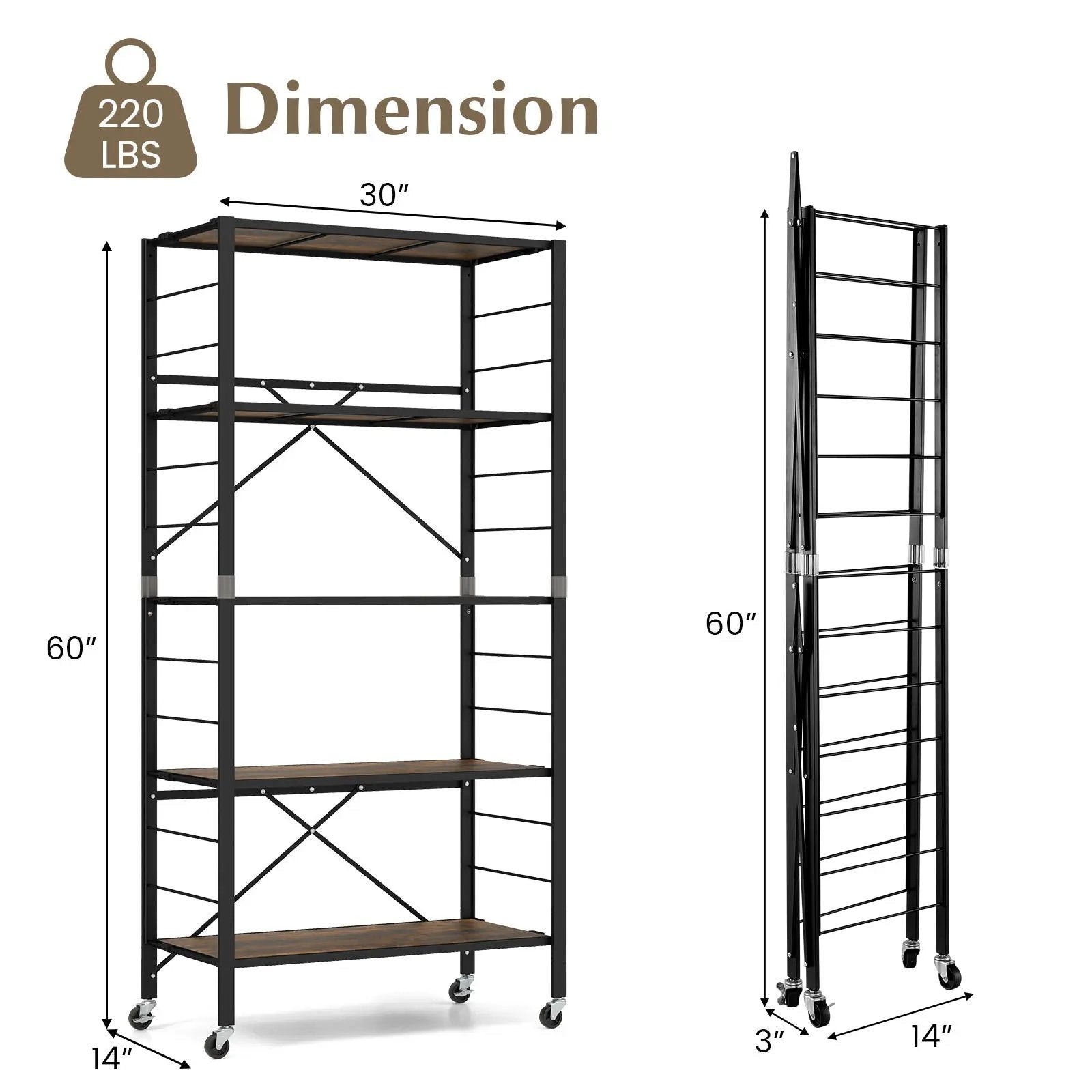 5-Tier Foldable Shelving Unit with Detachable Wheels and Anti-Toppling System-Black by DirectDeals