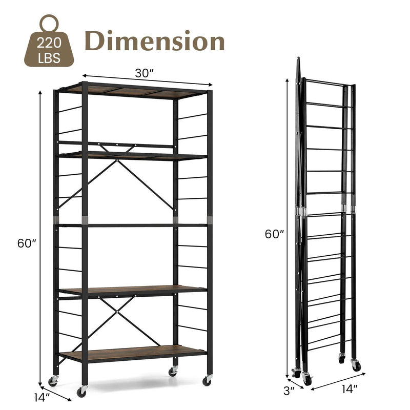 5-Tier Foldable Shelving Unit with Detachable Wheels and Anti-Toppling System-Black by DirectDeals