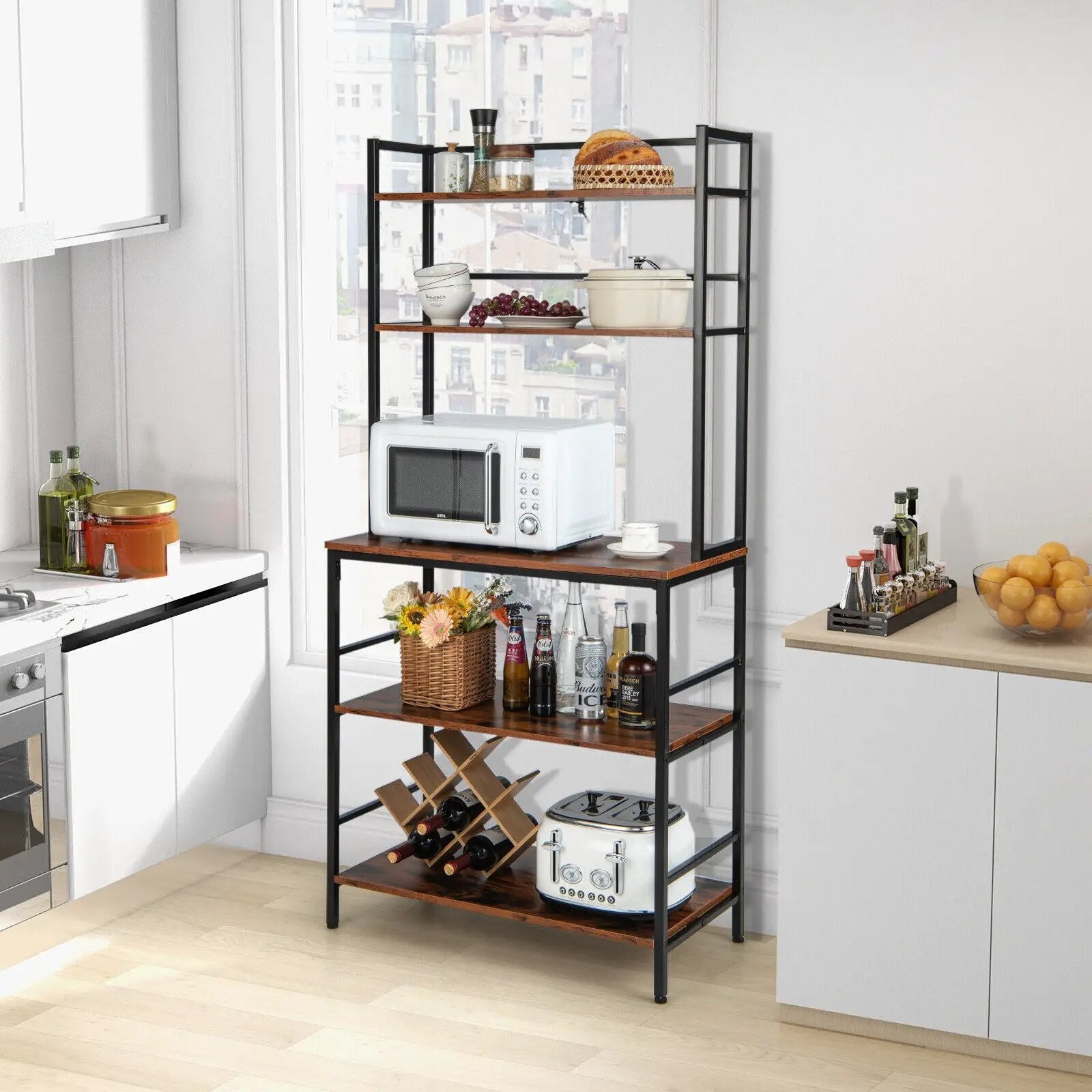 5-Tier Kitchen Bakers Rack with Hutch and Open Shelves-Rustic Brown by DirectDeals
