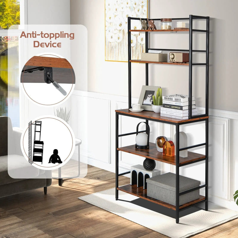 5-Tier Kitchen Bakers Rack with Hutch and Open Shelves-Rustic Brown by DirectDeals