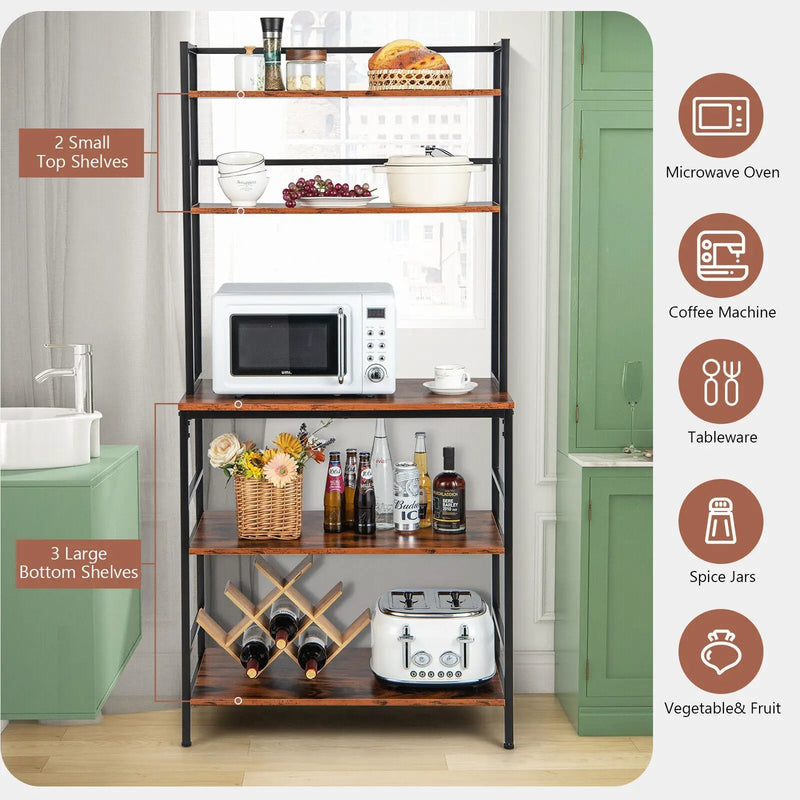 5-Tier Kitchen Bakers Rack with Hutch and Open Shelves-Rustic Brown by DirectDeals