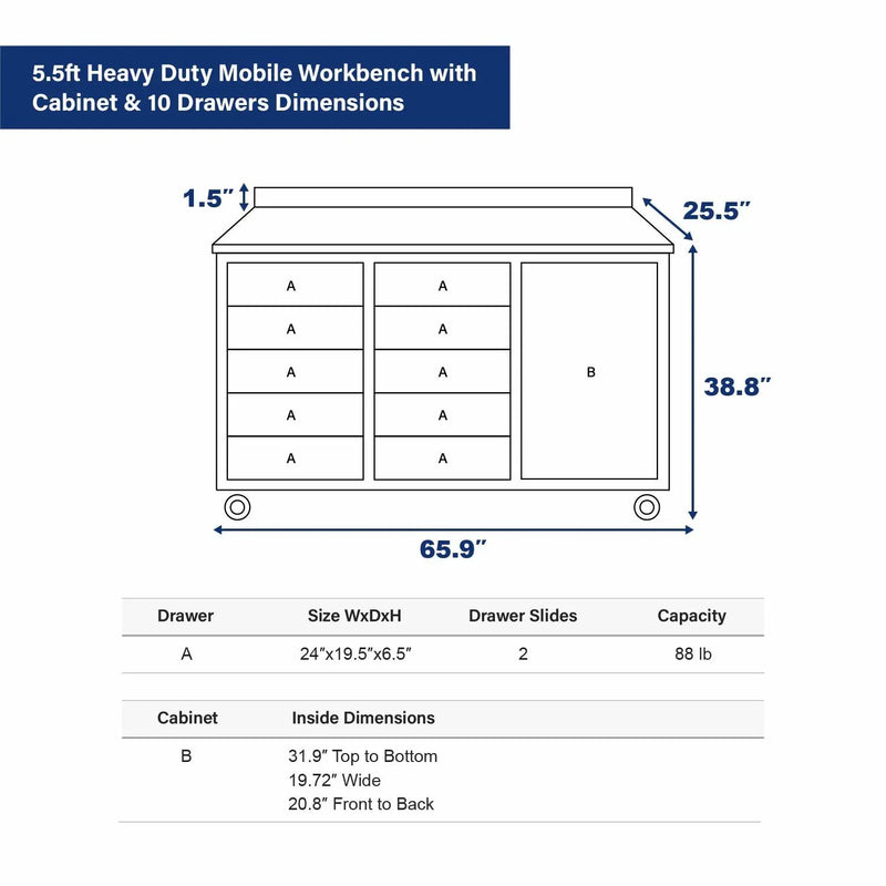 5.5ft Heavy Duty Mobile Workbench with Cabinet & 10 Drawers by Chery Industrial