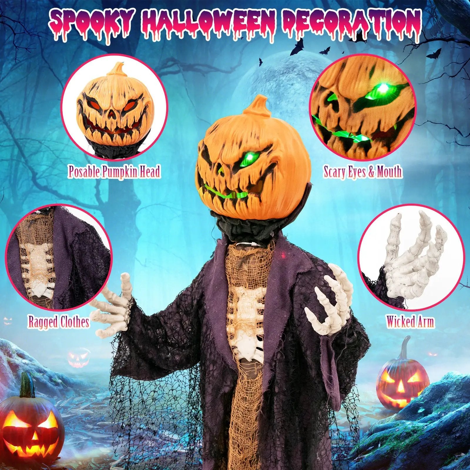 5.6 Feet Halloween Animated Standing Pumpkin Scarecrow by DirectDeals