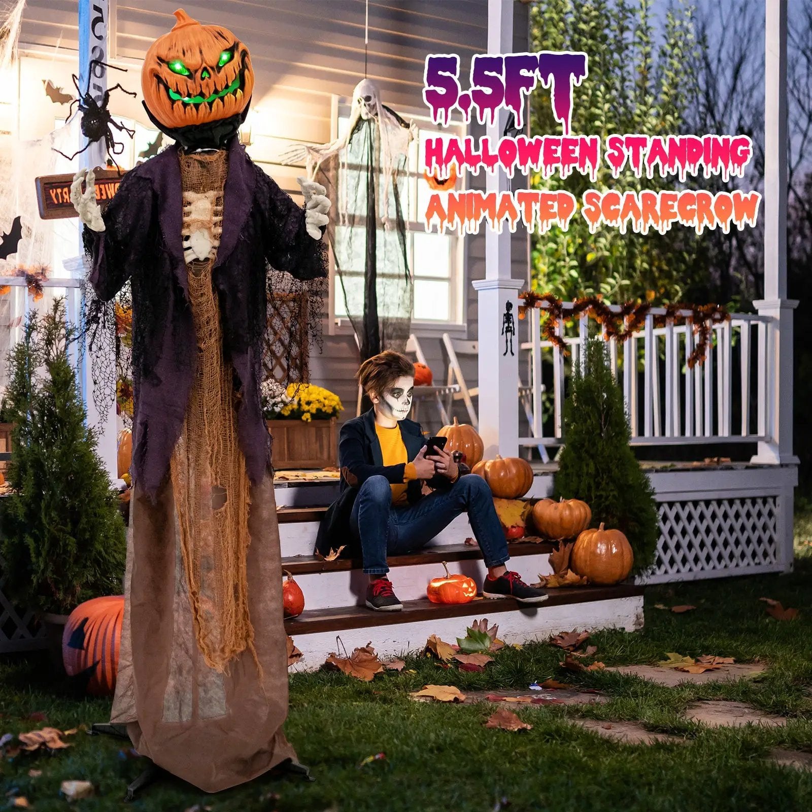 5.6 Feet Halloween Animated Standing Pumpkin Scarecrow by DirectDeals