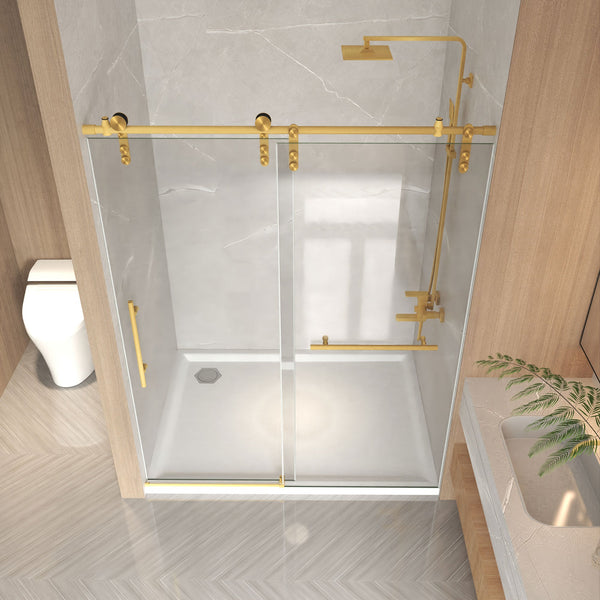 50-54" x 76" H Frameless Sliding Shower Door, 5/16" (8mm) Clear Tempered Glass, Stainless Steel Frame,Brushed, photo 2 of 10