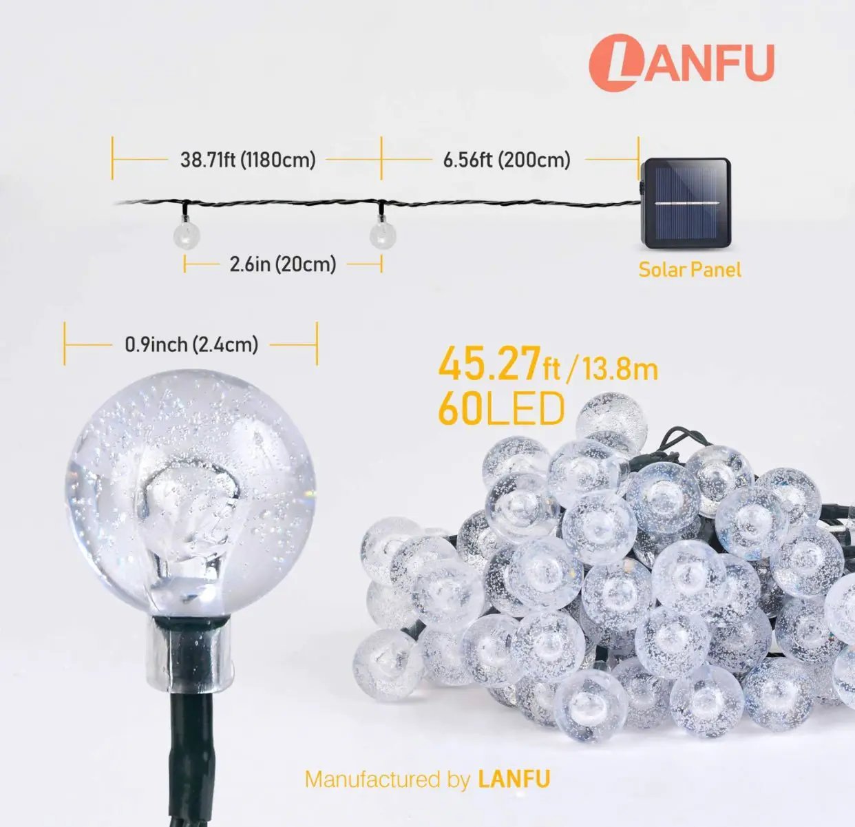 50 LED Solar Lamp Crystal Ball Globe Bulbs Waterproof -27Ft by Outdoor Solar Outlet