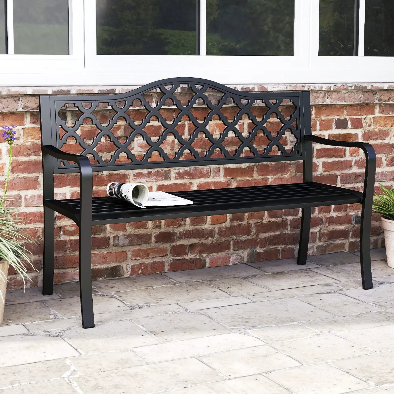 50.5 Inch Patio Bench with Curved Armrests for 2-3 People-Black by DirectDeals