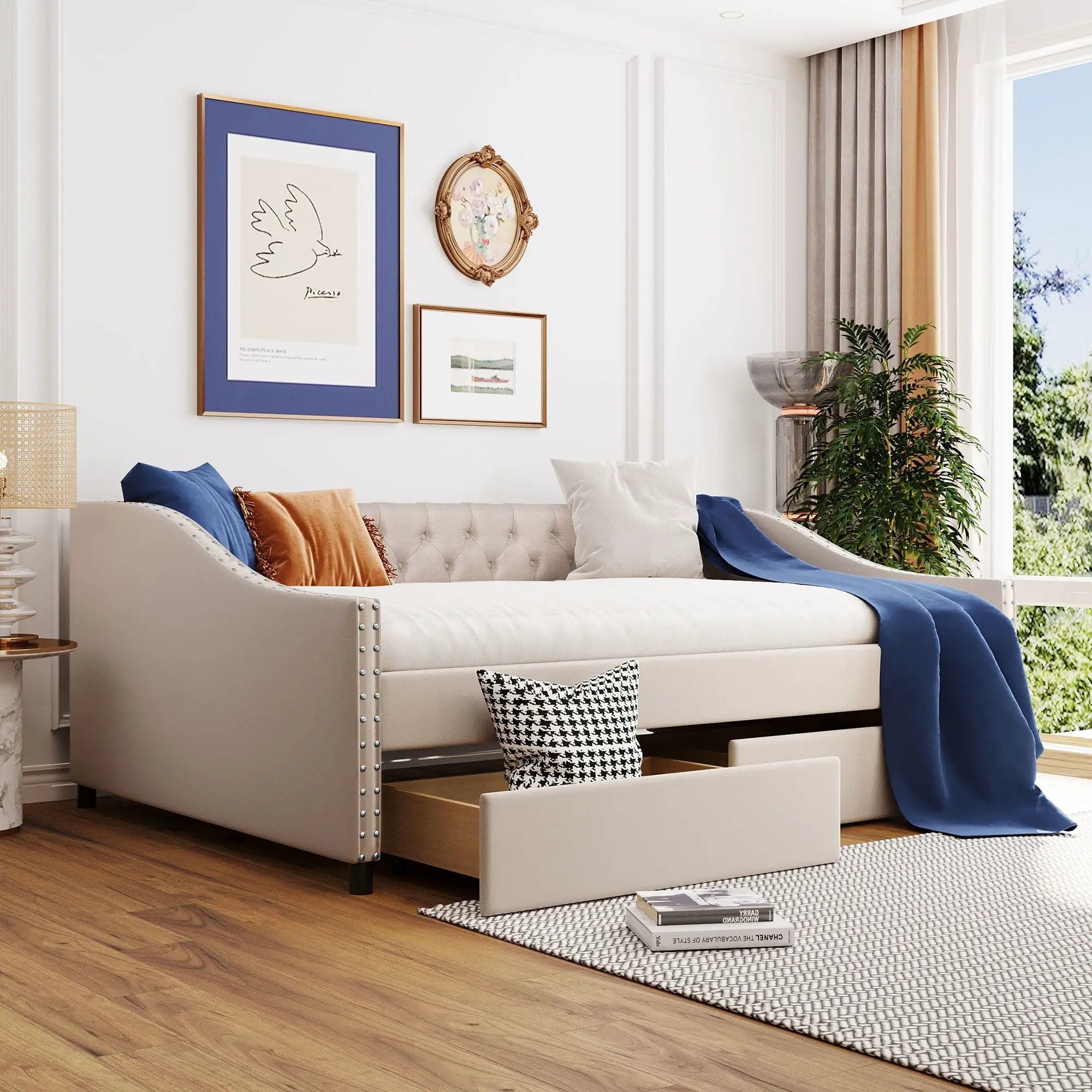 Upholstered Daybed With Two Drawers, Wood Slat Support by Unique Piece Furniture