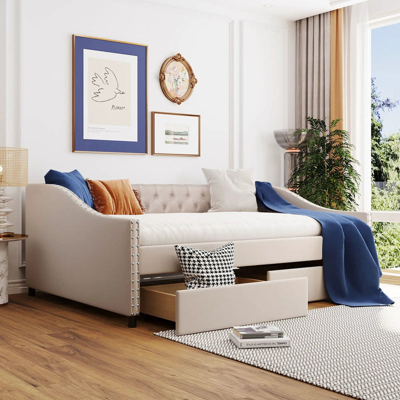 Upholstered Daybed With Two Drawers, Wood Slat Support by Unique Piece Furniture