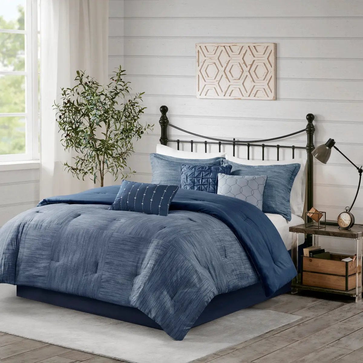7 Piece Printed Seersucker Comforter Set Navy Queen by HouseOfZazla