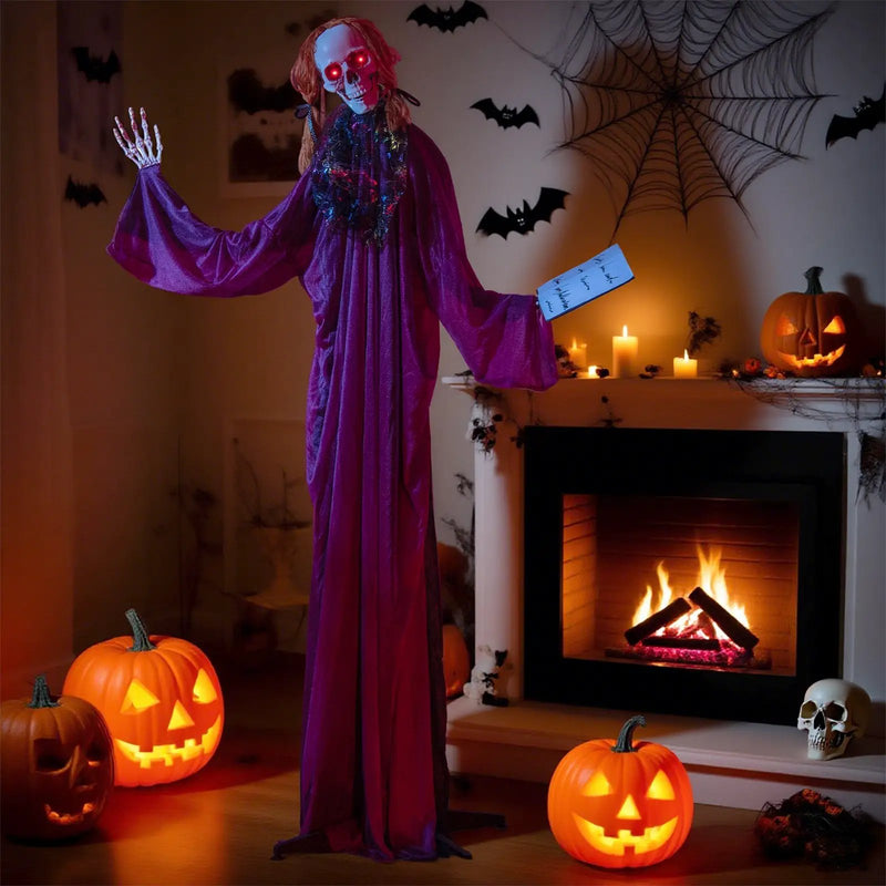 6 Feet Halloween Animatronic Standing Girl Holding Book with Sound-Activated Light-up Eyes and Moving Arms & Head by DirectDeals