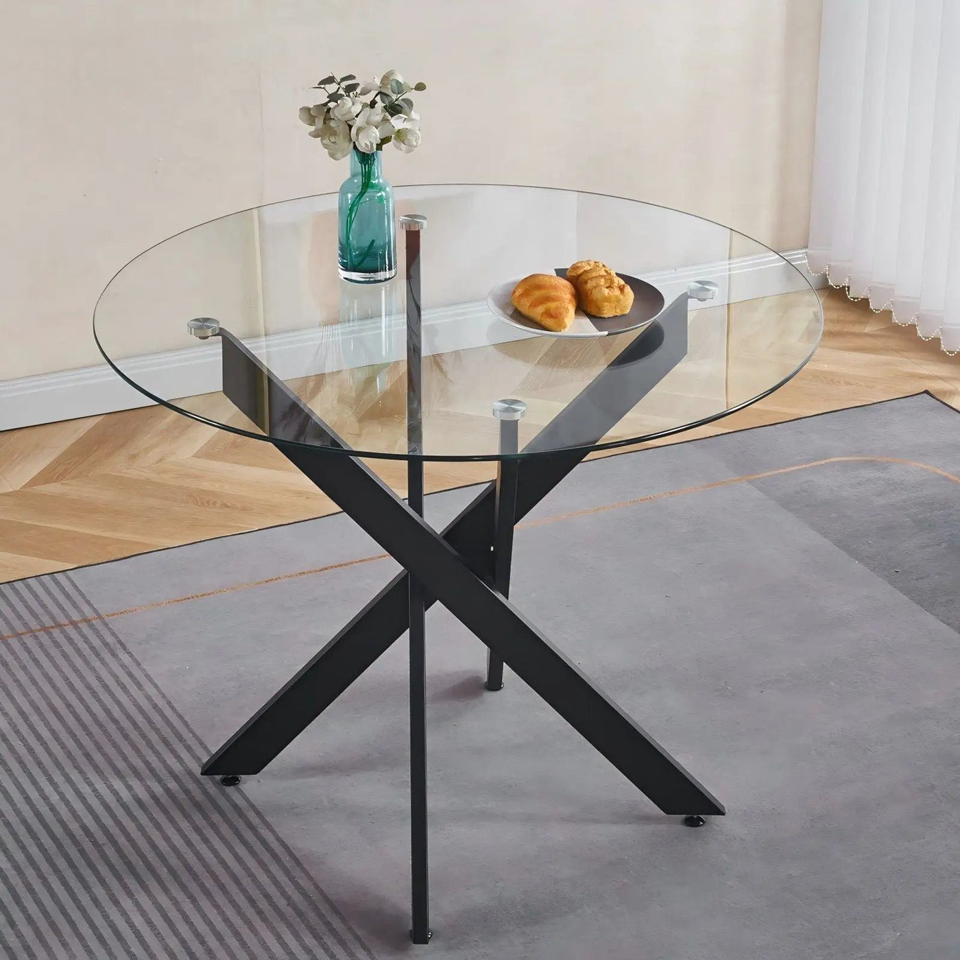 Dining Table With Cross Metal Leg And Tempered Glass, Modern Space Saving Kitchen Table For Living Room by HouseOfZazla