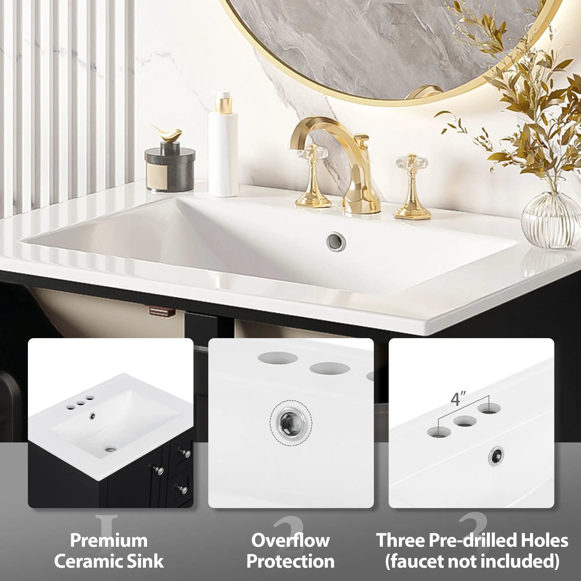 Bathroom Vanity With Integrated Basin, Soft Close Drawers, Door Mounted Double Layer Shelf by Unique Piece Furniture