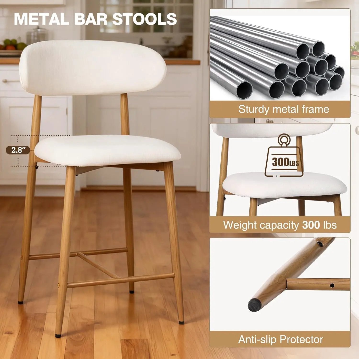 Upholstered Counter Height Bar Stools For Kitchen Island (Set of 2) - Beige by HouseOfZazla