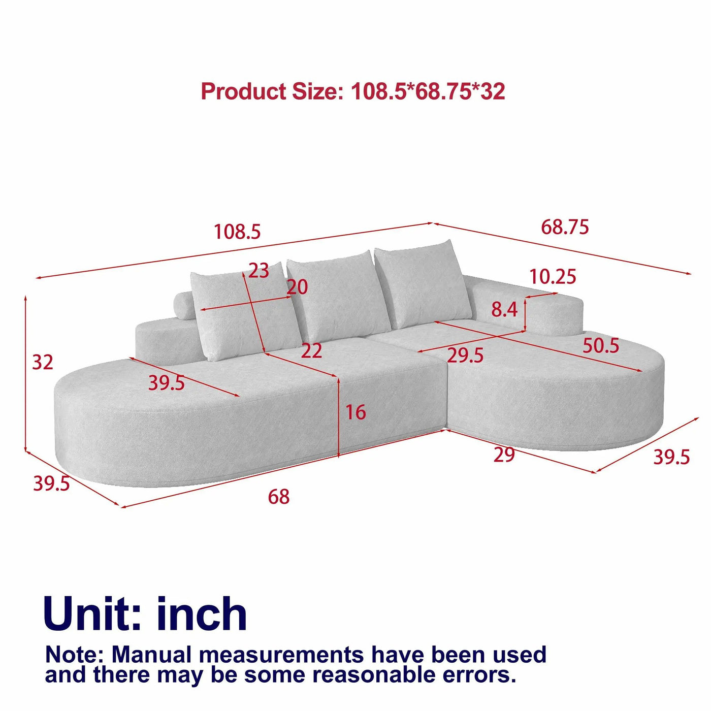 Modern Curved Sofa, L-Shaped Modular Sectional Set With 3 Pillows by HouseOfZazla