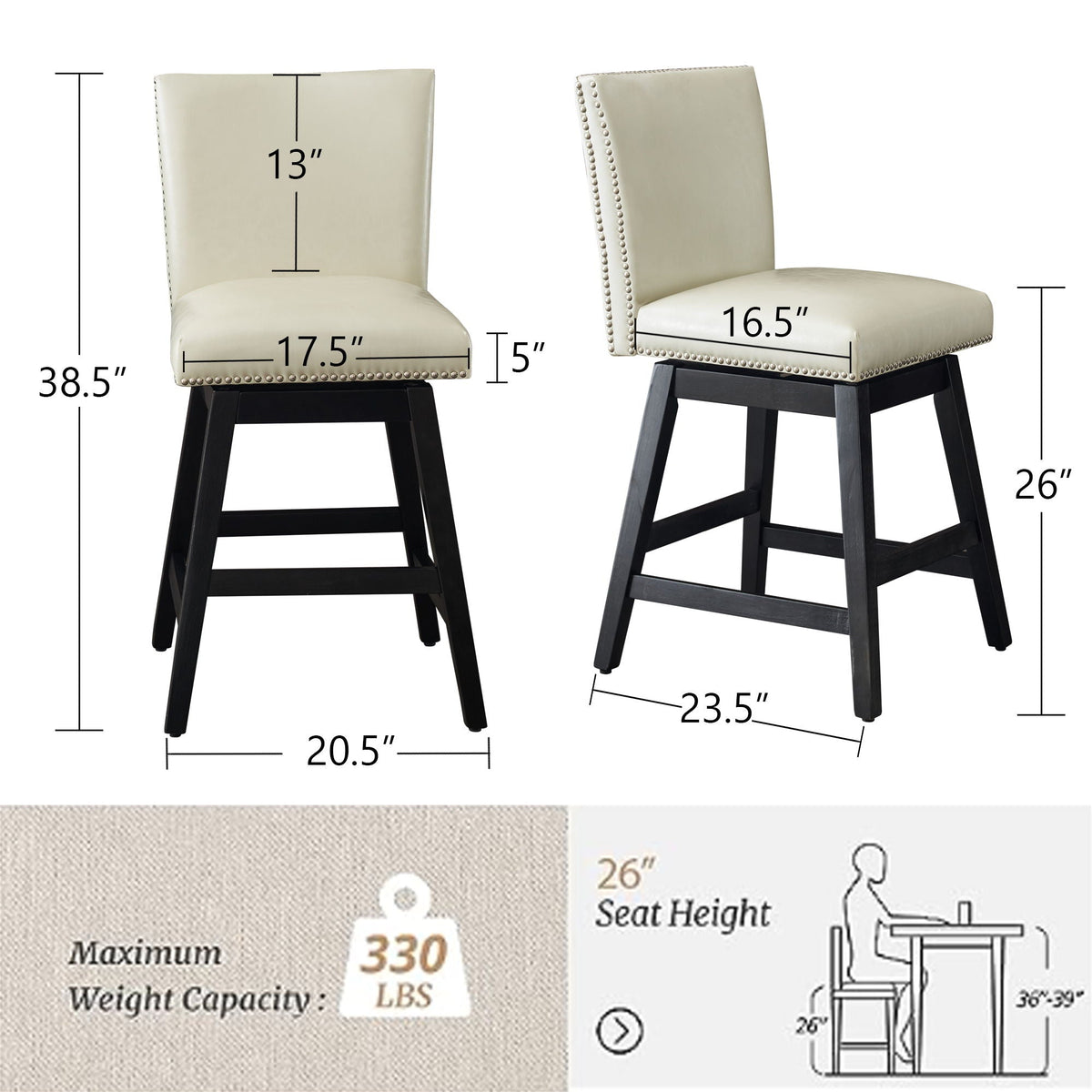 Upholstered Swivel Bar Stools High Back Set of 2 with 360° Swivel - Cream White, photo 3 of 7