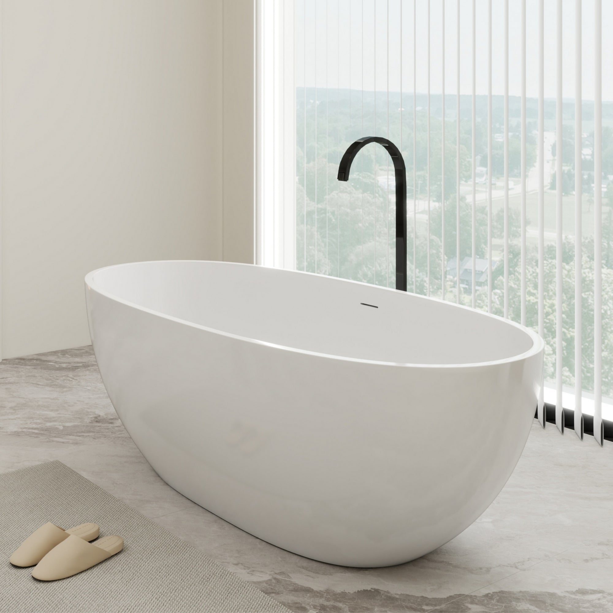 67 in. x 31 in. Oval Freestanding Solid Surface Soaking Bathtub with Center Drain in Matte by HouseOfZazla