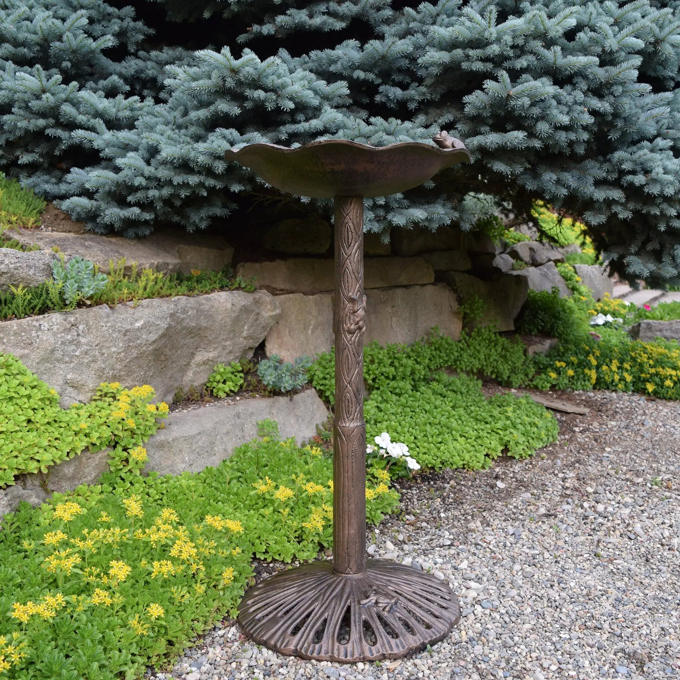 Round Cast Aluminum Metal 35-in Frog Bird Bath with Leaf Bowl by Sharicks
