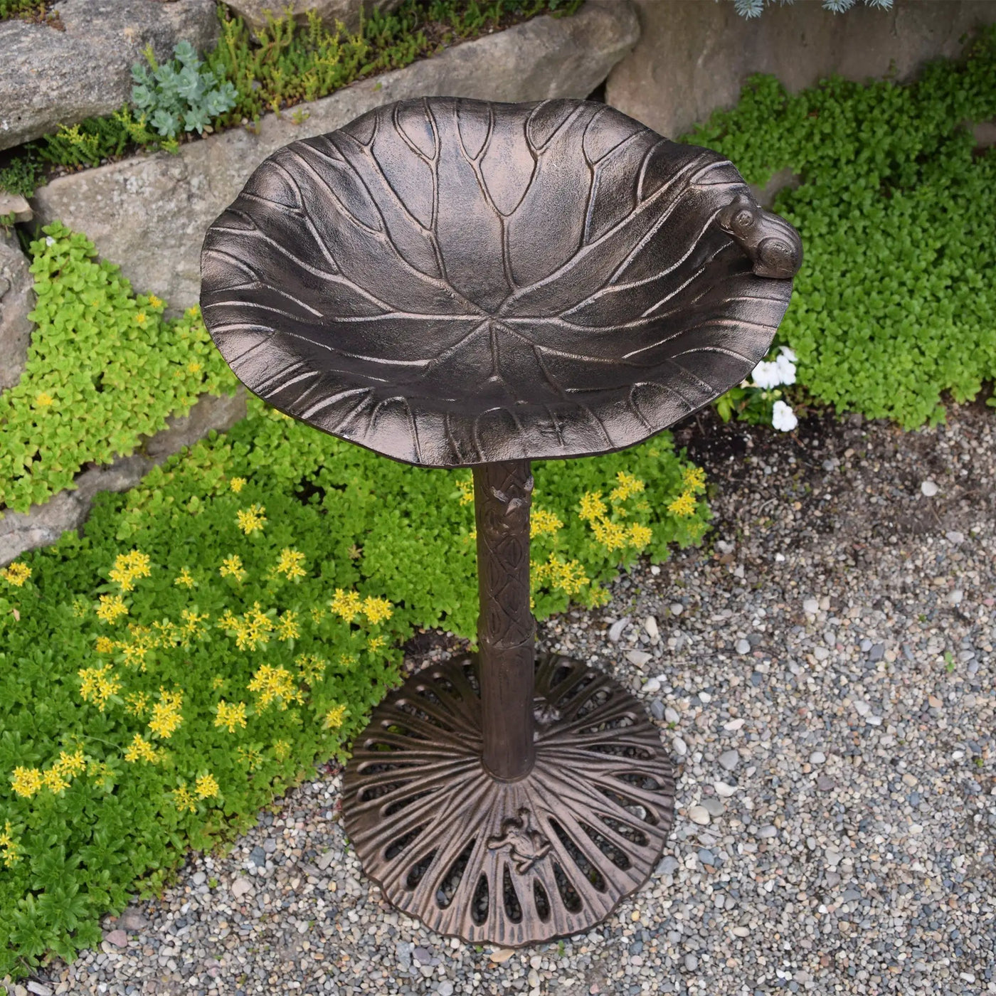 Round Cast Aluminum Metal 35-in Frog Bird Bath with Leaf Bowl by Sharicks
