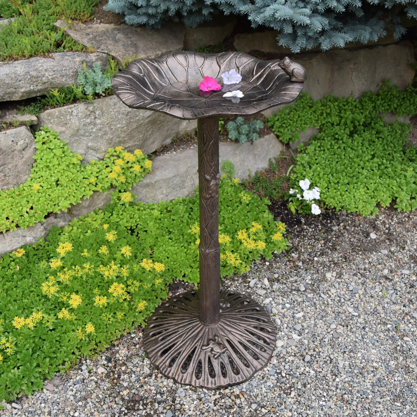 Round Cast Aluminum Metal 35-in Frog Bird Bath with Leaf Bowl by Sharicks