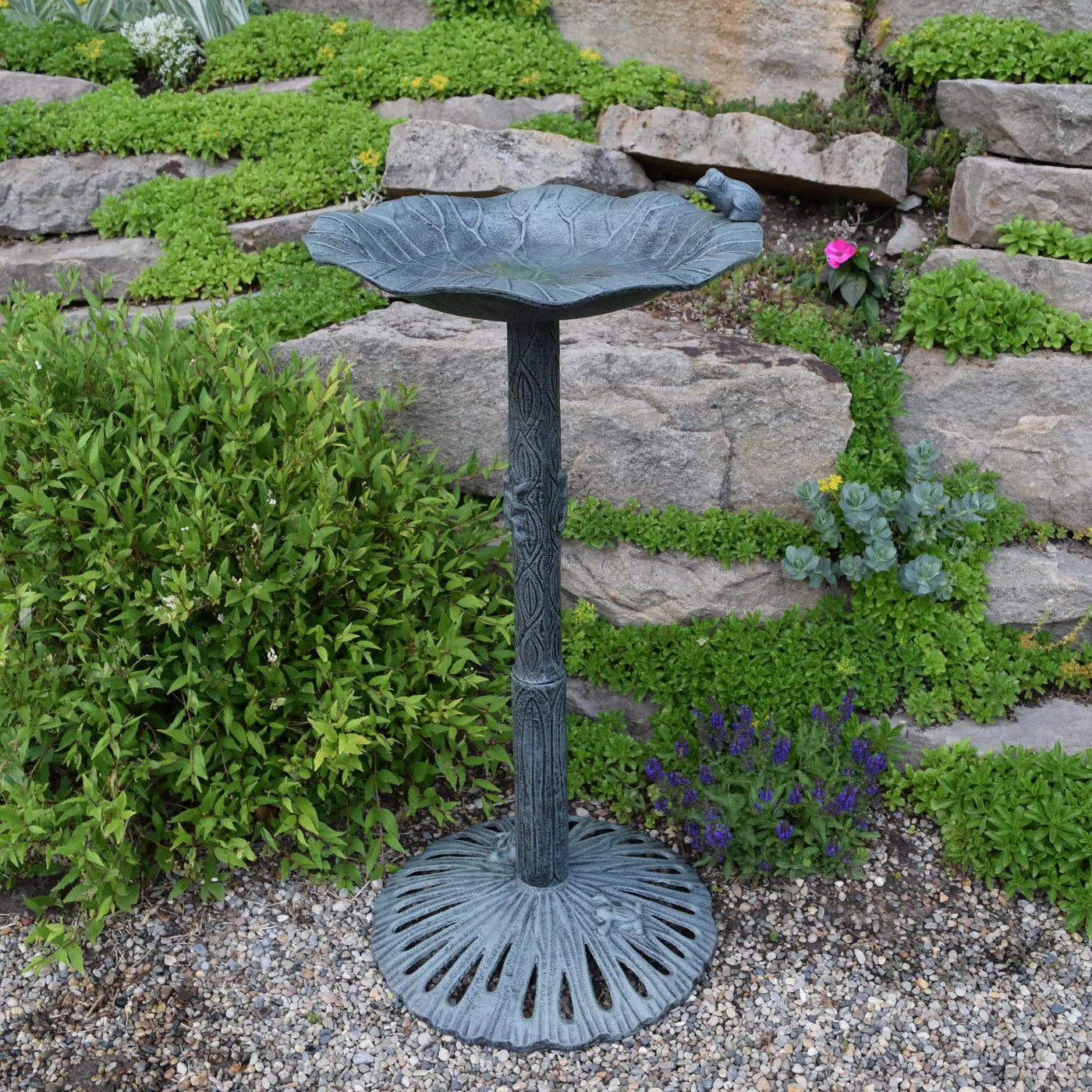 Round Cast Aluminum Metal 35-in Frog Bird Bath with Leaf Bowl by Sharicks