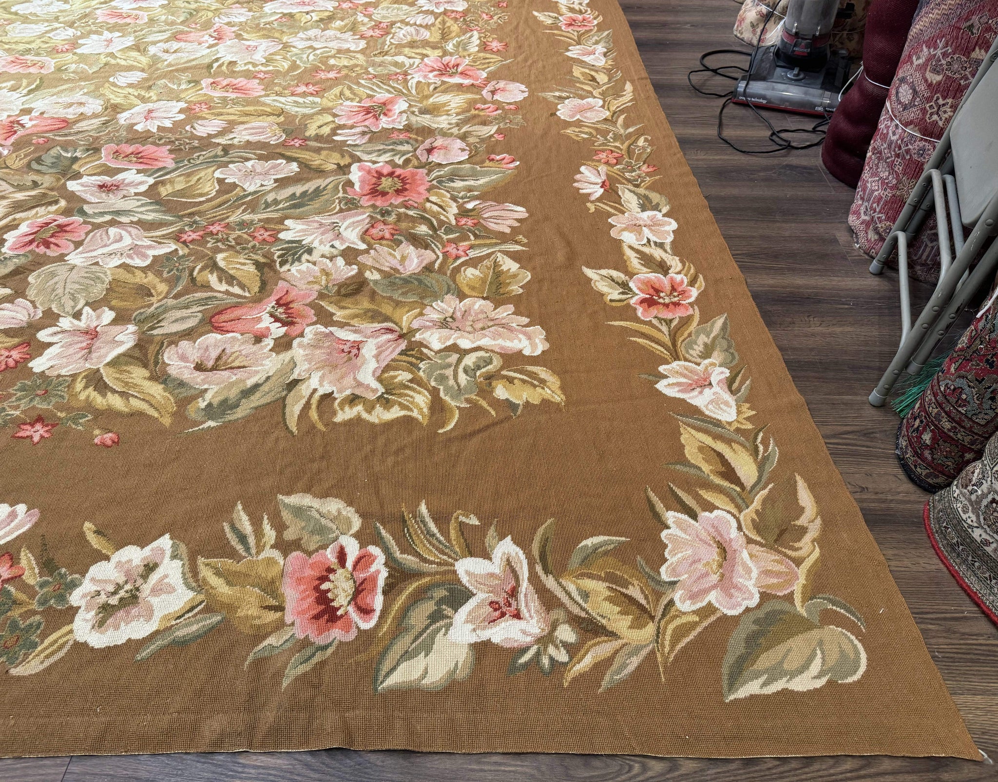 Large Needlepoint Rug 11x14, Vintage Floral Wool Carpet, Caramel by Jewel Rugs