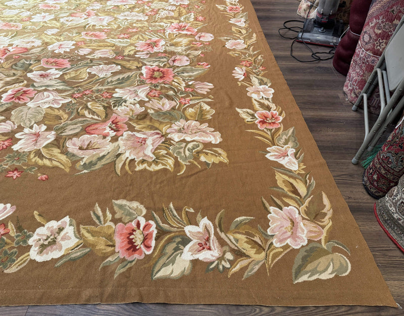 Large Needlepoint Rug 11x14, Vintage Floral Wool Carpet, Caramel by Jewel Rugs