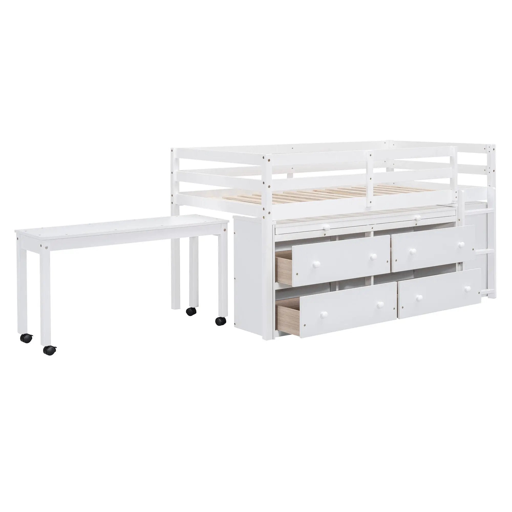 Loft Bed With Retractable Writing Desk And 4 Drawers, With Lateral Portable Desk And Shelves by HouseOfZazla