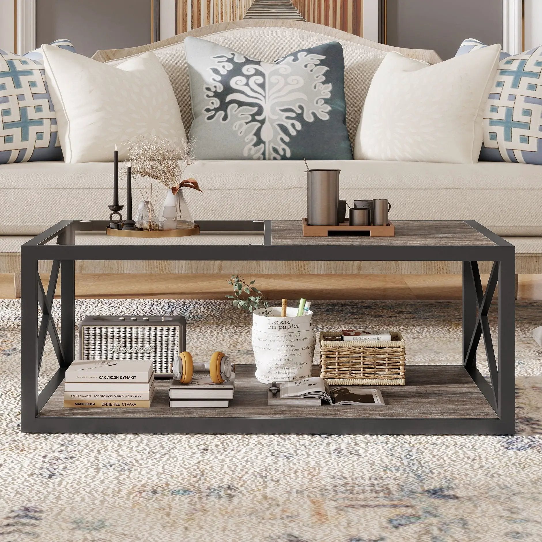 Industrial Style Coffee Table For Bedroom & Living Room With Tempered Glass & Wood Grain - Wood by HouseOfZazla